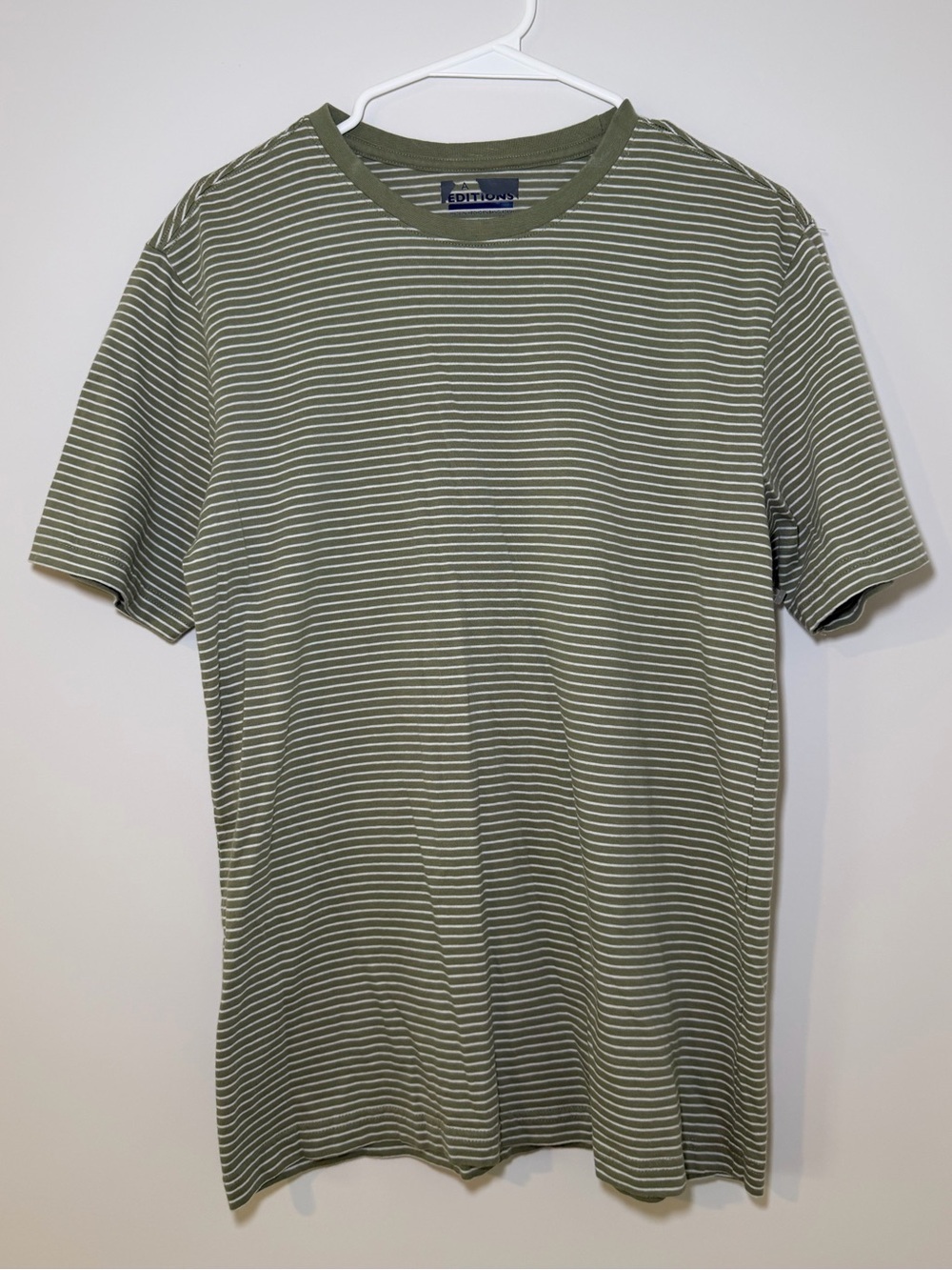 A Editions Olive Green & White Striped Crewneck T Shirt Small